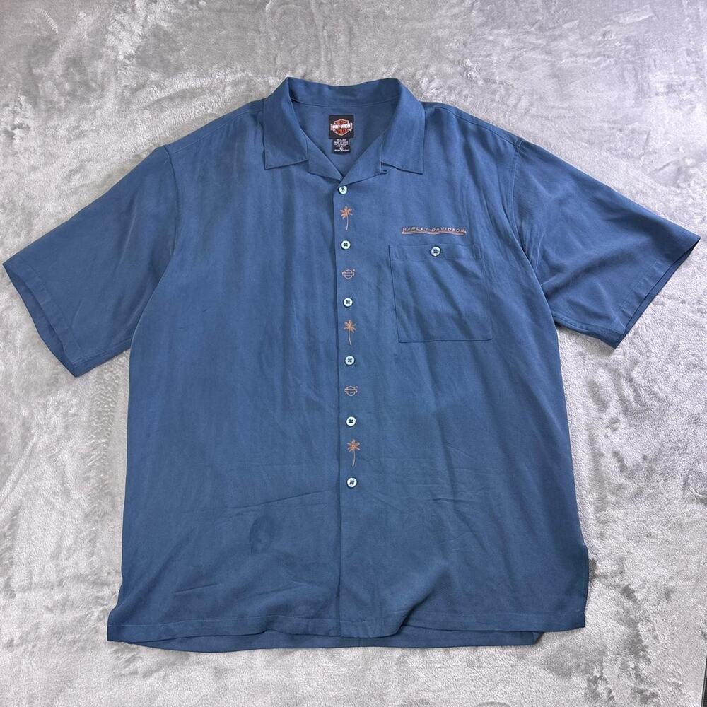 Harley-Davidson Tori Richard Silk Hawaiian Shirt Men’s XL Blue Motorcycle
